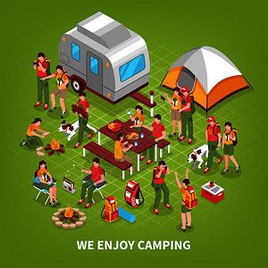 家庭野营度假探险网站等距背景海报与人帐篷商队矢量插图探险野营等距海报图片