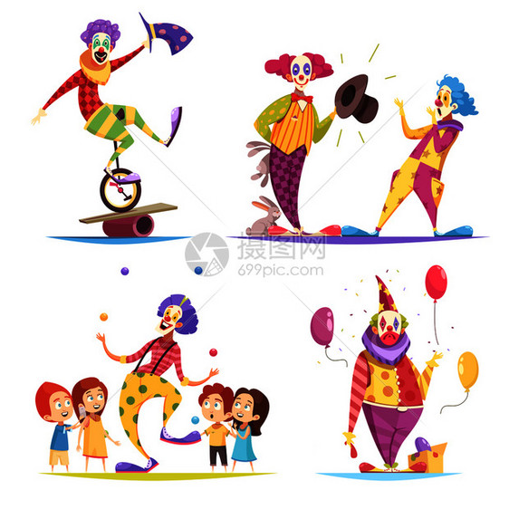 小丑的与表演者独轮车,魔术与野兔,杂耍,与气球矢量插图小丑的理念图片