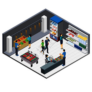 杂货店等距内部与客户来购物商店工作人员三维矢量插图杂货店等距内部图片