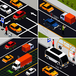 自动车辆2x2集的碎片城市道路与无线无人驾驶交通等距矢量插图自主车辆2x2图片