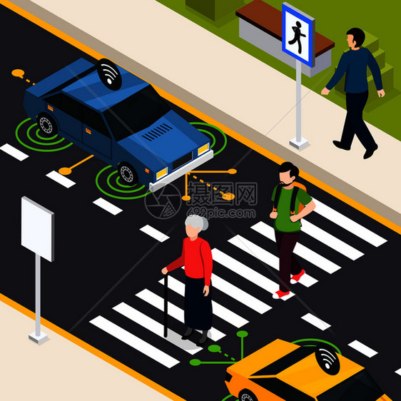 城市人行横道等距背景与行人过街自动无人驾驶汽车道路矢量图城市人行横道等距背景图片