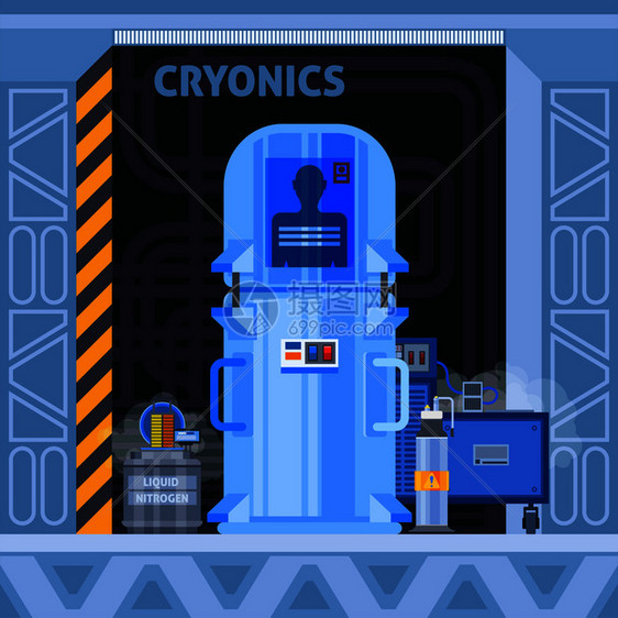 低温Crionics移植平成与冷冻相机图像与人类标识符额外的电子设备矢量插图低温设施平背景图片