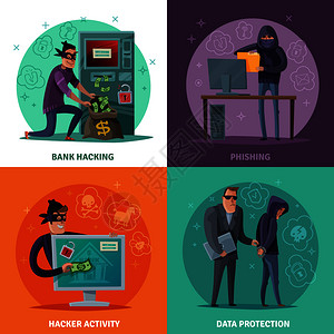 黑客活动,钓鱼,破坏ATM偷钱,数据保护,卡通孤立矢量插图黑客卡通理念图片