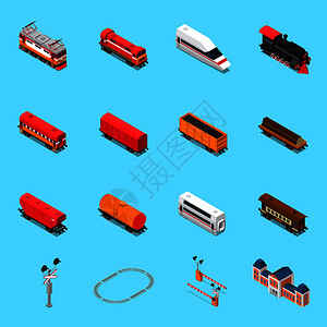 等距铁路道路要素,包括机车客货车交通标志车站孤立矢量图铁路道路等距元件图片
