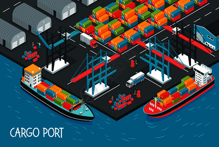 海港与货船满箱集装箱三维等距矢量插图货物港口插图背景图片