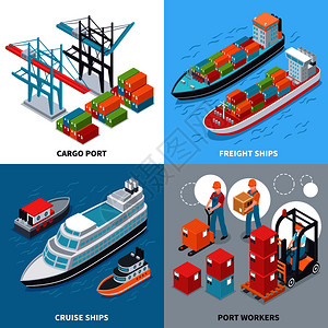 航运图标等距2x2与货运游轮海港工人隔离彩色背景三维矢量插图海港2x2理念插画
