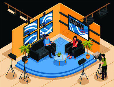 脱口秀拍摄电视演播室三维等距矢量插图电视演播室等距插图插画