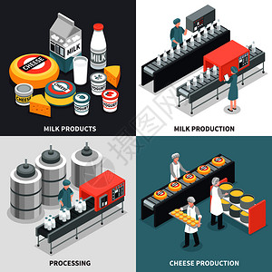 牛奶奶酪生产过程工厂工人2x2孤立彩色背景三维等距矢量插图上牛奶厂2x2理念图片