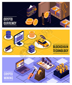 加密货币区块链技术水平横幅彩色背景三维等距孤立矢量插图加密货币等距横幅图片