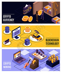加密货币区块链技术水平横幅彩色背景三维等距孤立矢量插图加密货币等距横幅图片