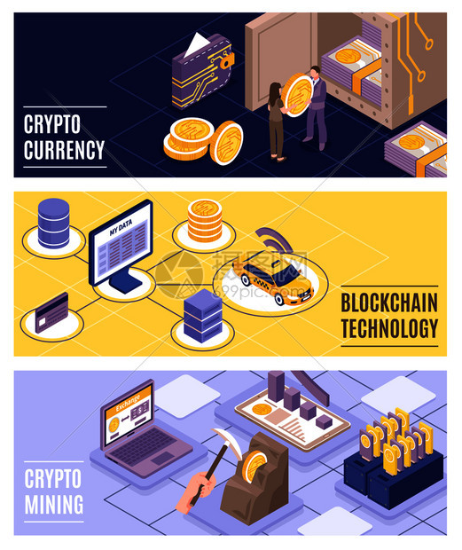 加密货币区块链技术水平横幅彩色背景三维等距孤立矢量插图加密货币等距横幅图片