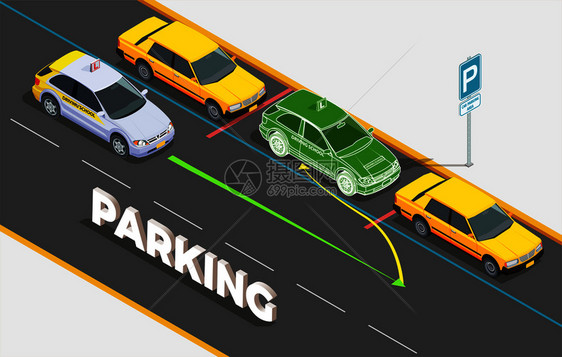 驾驶学校等距构图与文字汽车停车与幻影图像彩色箭头矢量插图停车等距背景图片