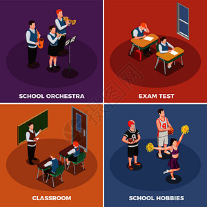 高中等距人2x2理念与学生的人特征及其各种活动矢量插图学校生活理念图片
