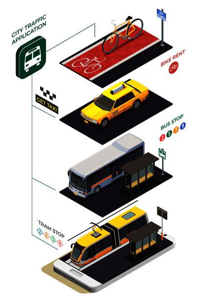 公共城市交通等距成与信息象形文字文字标题城市运输单位与停止矢量插图公共交通等距图片