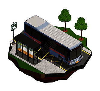 公共城市交通等距成与公共汽车站市政公共汽车与轮椅坡道矢量插图可访问总线等距成图片