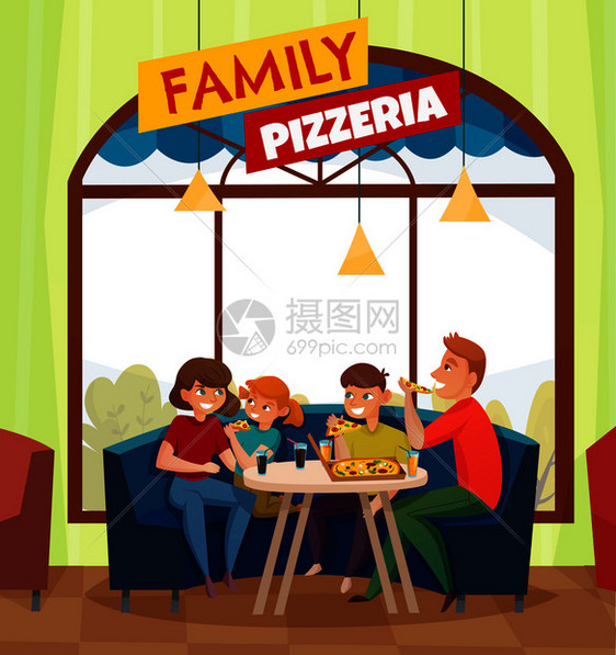 平餐厅酒吧游客彩色构图与大红色家庭比萨饼店标题矢量插图餐厅酒吧游客彩色构图图片