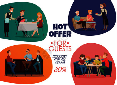 公司微笑彩色平餐厅酒吧访客海报与热提供给客人折扣的所菜单描述矢量