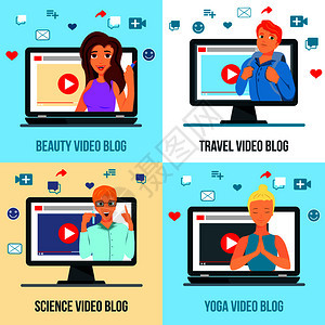 视频博客人物4平图标广场与旅游美容时尚科学瑜伽矢量插图视频博客人物平图片