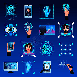 识别技术符号图标触摸屏指纹识别ID系统隔离蓝色背景矢量插图识别技术图标图片