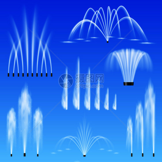 装饰室外喷水喷泉7种同形状的大小范围与蓝色背景矢量插图现实的喷泉集图片
