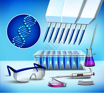 科学实验室现实成与DNA图标设备的研究分析矢量插图实验室璃器皿的真实成图片