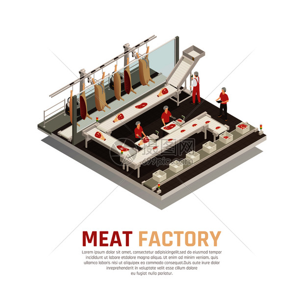 肉类工厂等距成与加工线胴体切割称重灌装盒矢量插图肉厂等距成分图片