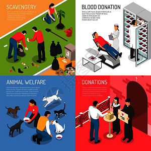 志愿慈善4等距图标广场与清道夫队献血动物收容所孤立矢量插图志愿等距图片