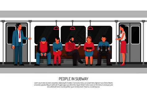 地铁地下交通平海报标题与地铁通勤铁路系统列车乘客矢量插图人们地铁交通海报图片