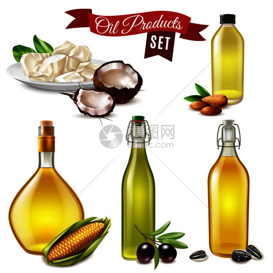 逼真的油产品套椰子杏仁,向日葵,橄榄玉米油瓶装璃盘子矢量插图现实的石油产品集图片