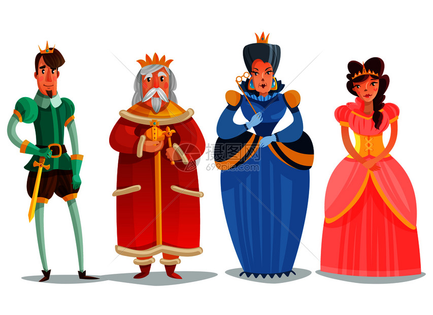仙女人物卡通集与国王王子公主皇后雕像隔离白色背景平矢量插图仙女人物卡通集图片