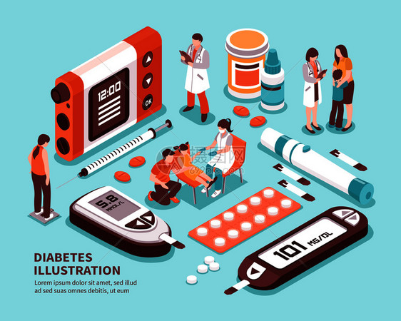 糖尿病患者生命等距成与诊断糖水平测试体重控制饮食胰岛素注射矢量图糖尿病等长成分图片