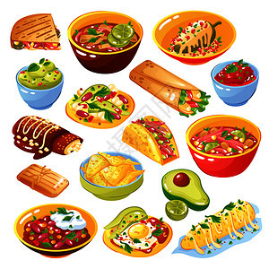 传统的墨西哥菜集与玉米饼玉米饼玉米片鳄梨萨尔萨白色背景矢量插图墨西哥食品套装图片