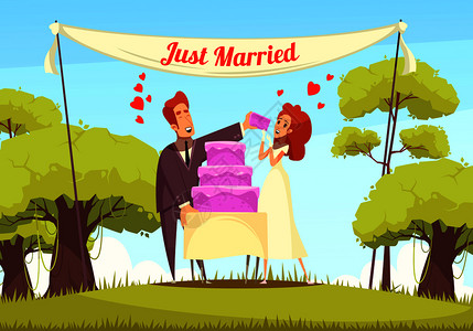 吃蛋糕的美女开朗的刚结婚的人户外卡通矢量插图吃新娘蛋糕刚刚结婚的卡通插图插画