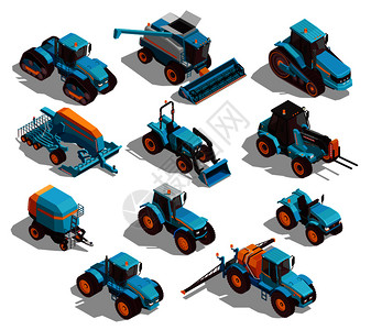 农业机器等距图标拖拉机喷雾器隔离矢量插图农业机器等距图标背景图片