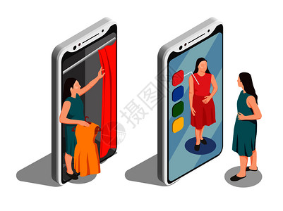消费者等距与试衣间智能手机隔离矢量插图消费者等距集图片
