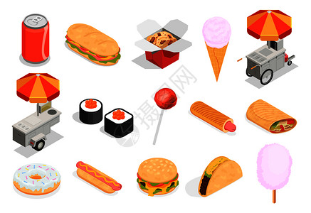 街道食品图标糖果快餐符号等距孤立矢量插图街道食品图标图片