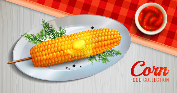 现实烤黄油玉米棒白色盘子番茄酱桌子上餐巾矢量插图现实的玉米盘子插图图片
