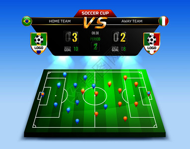 广播足球锦标赛,蓝色背景的构图与信息板球员安置方案矢量插图足球锦标赛广播作文图片