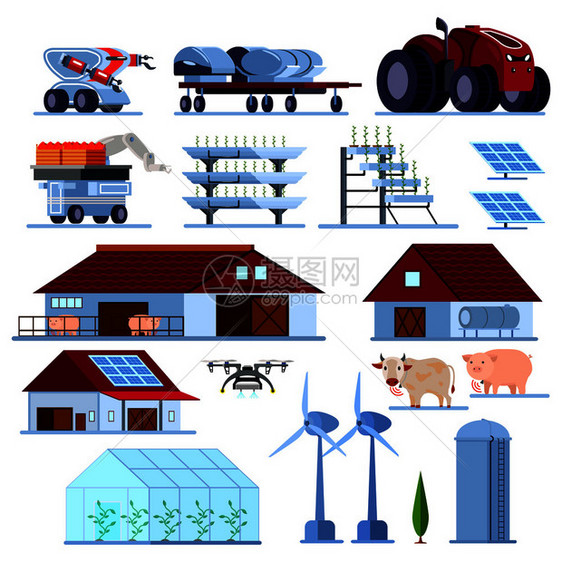 智能农业与蔬菜种植,绿色能源,无人驾驶农用车,正交平集孤立矢量插图智能农业正交平板套装图片