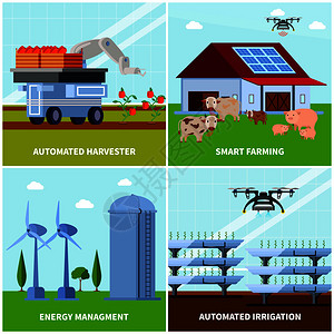 智能农业与无人收割机,自动灌溉,能源管理,正交平,孤立矢量插图智能农业正交插画
