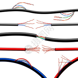 套真实的损坏电缆的各种直径颜色与粘贴电线隔离矢量插图真实损坏的电缆背景图片