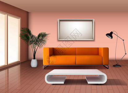 现代极简主义风格的客厅内部与玉米黄色沙发白色花式茶几矢量插图内部逼真的图像背景图片