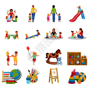 幼儿园套平图标与保姆孩子,秋千,玩具,油漆书籍矢量插图幼儿园平图标图片
