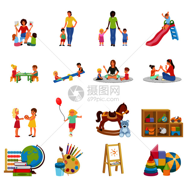 幼儿园套平图标与保姆孩子,秋千,玩具,油漆书籍矢量插图幼儿园平图标图片