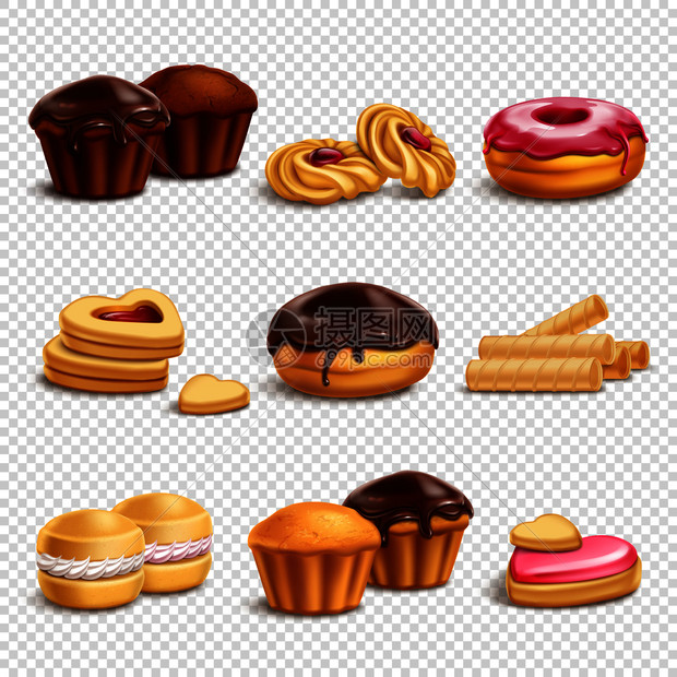 饼干,现实的三维图标收集与9个同糖果的孤立图像透明的背景矢量插图糖果产品图标收集图片