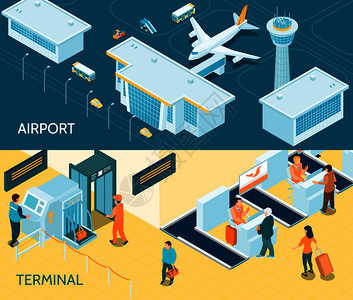 机场水平横幅与乘客运输安全扫描磁带门户行李控制等距矢量插图机场等距横幅图片