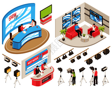 iphonex录像电视演播室的新闻节目,摄像师与摄像机,光设备,等距集