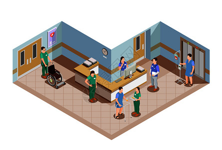 医疗设备等距成与医院大厅内部医护人员统的病人矢量插图医院大厅等距成图片