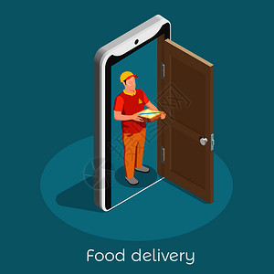 工人职业等距成与食品送货人员穿着制服与内部门智能手机屏幕矢量插图智能交付背景图片