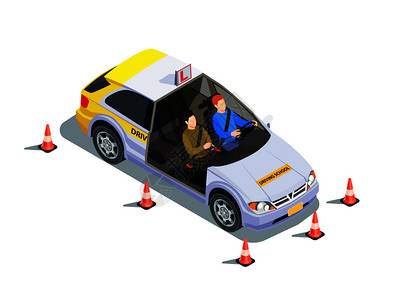 汽車 icon驾驶学校等距构图与教师学者的图像汽车周围的安全锥矢量插图教练汽车等距构图插画